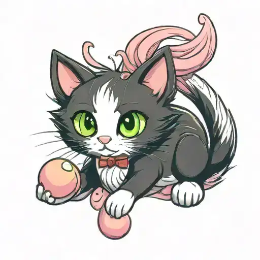 Tuxedo Cat With Green Eyes Playing With Pink Toy