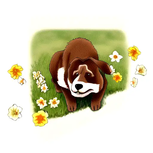 Brown And White Ridgeback Dog Eating Daffodil