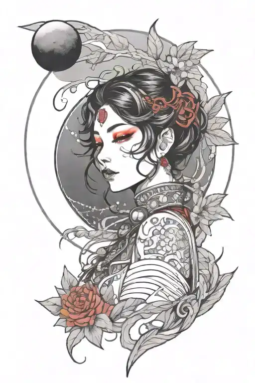 A Red Moon With Intricate Lineart Of A Woman Anime