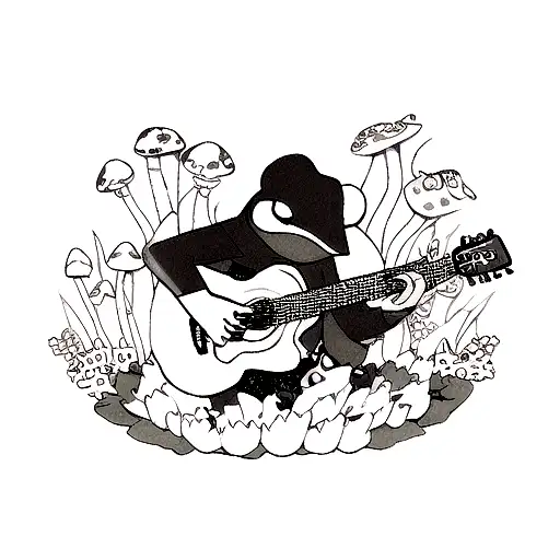 A Blackwork Tattoo Of A Frog Playing A Guitar Surrounded By Mushrooms And Flowers