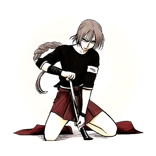 Wounded Kneeling Samurai Leaning On Katana From The Front