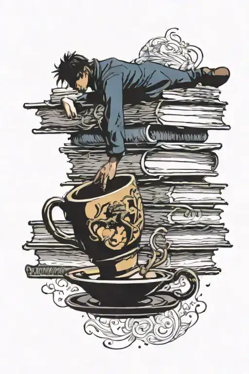 Tea Cup On A Pile Of Books With Dark Man On Horse Reaching Hand Out