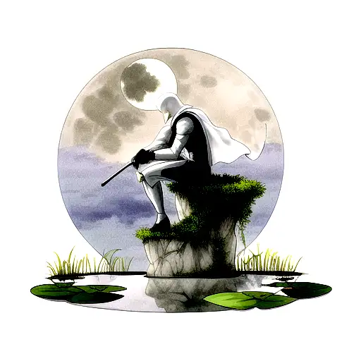 Moon Knight Kneeling Over A Pond Witb His Reflection And The Moon Above Him