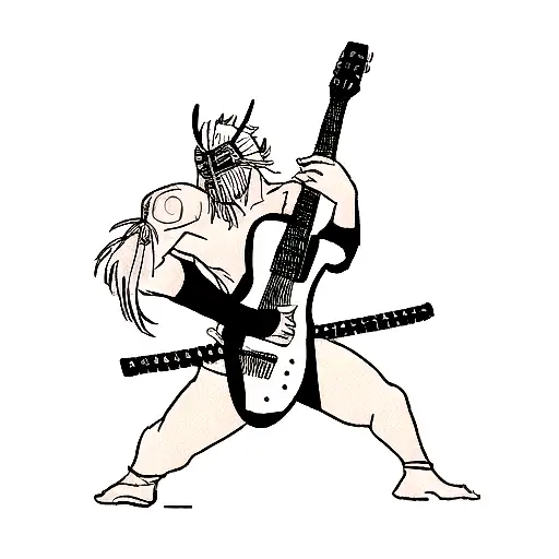 A Minimalist Tattoo Of A Samurai Warrior Holding A Guitar In A Heavy Metal Pose