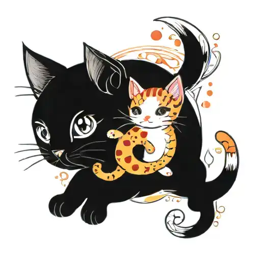 A Whimsical Tattoo Design Featuring A Kitten And Koi Fish Intertwined In A Watercolor Style