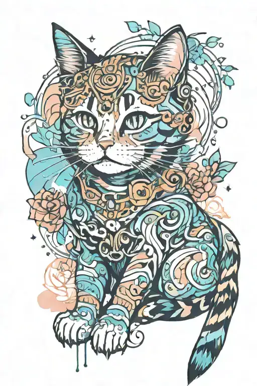 Cute Cat Line Print With Watercolour