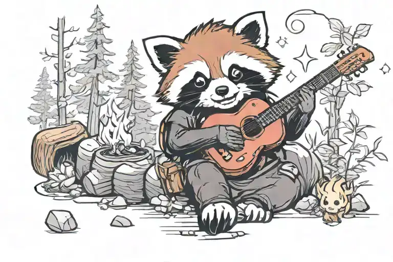 Red Panda At A Campfire Playing The Guitar