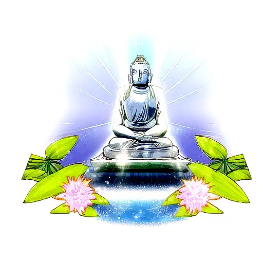 Buddha With Water Background And Sun Rays