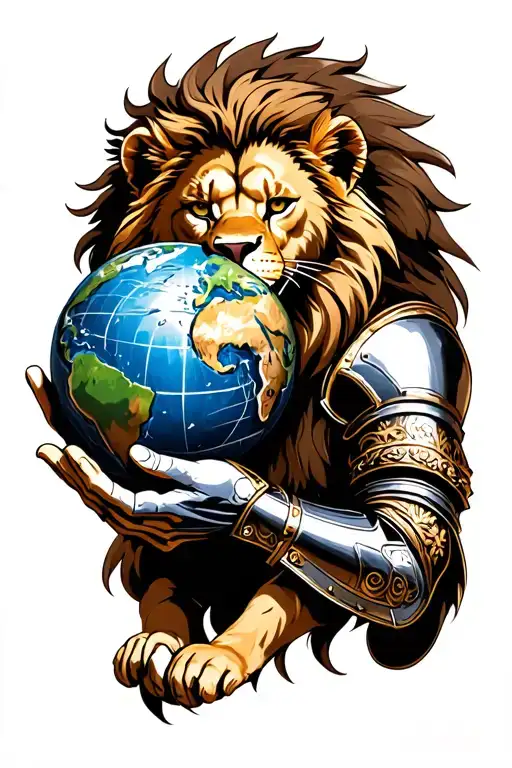 A Lion Wearing An Roman Armor Holding The World In His Hands