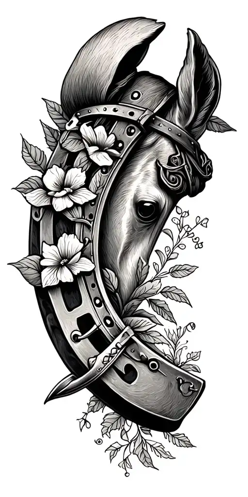 A Dotwork Tattoo Of A Horseshoe Surrounded By Spurs And Delicate Floral Elements
