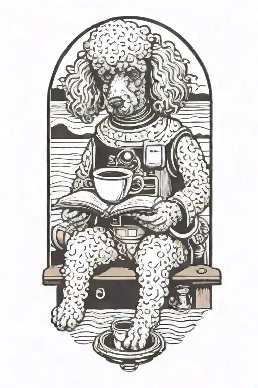 A Poodle Reading A Book With A Cup Of Coffee On The Beach