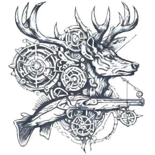 Deer Head With Fish And Fishing Rod And Gun