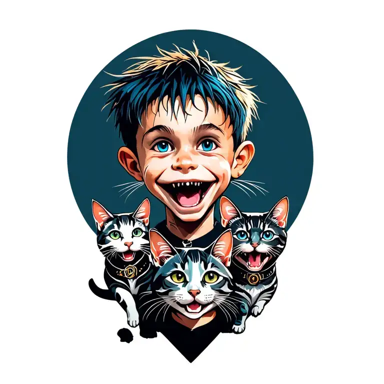 Happy Punk Rock Boy With Gang Of Cats