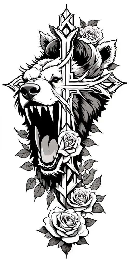 Growling Bear Head With Roses Intertwined Cross Made