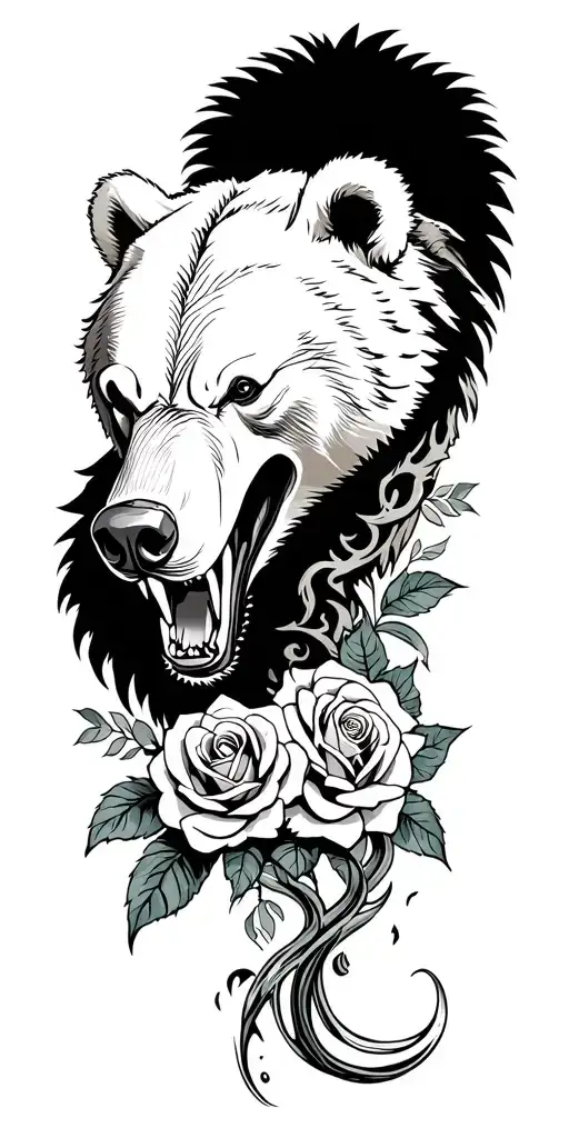 Growling Bear Head With Roses Intertwined In River