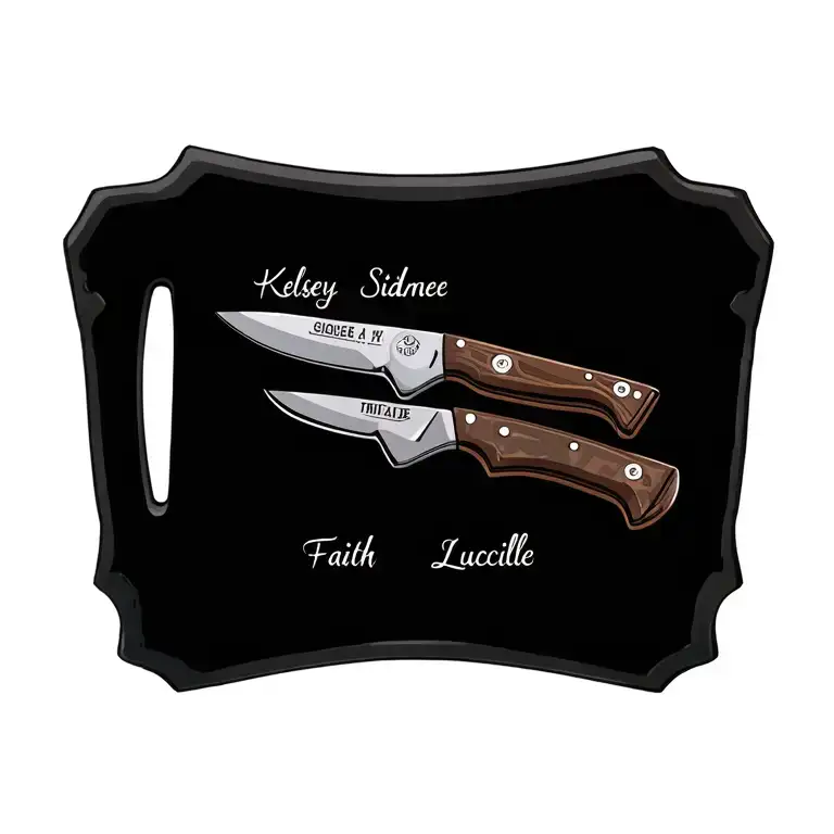 Cutting Board With Knives Arranged With Names Kelsey Sidnee Faith Lucille