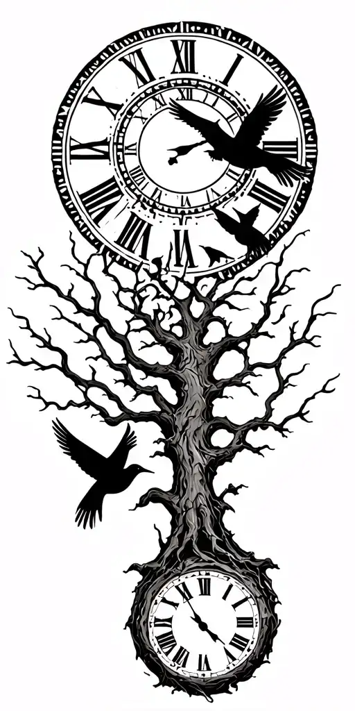 Tree And Clock And 3 Birds Flying Towards The Sun