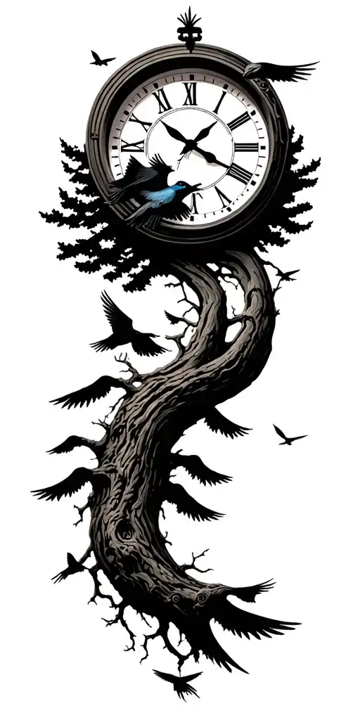 Moutains Tree Clock Birds Flying
