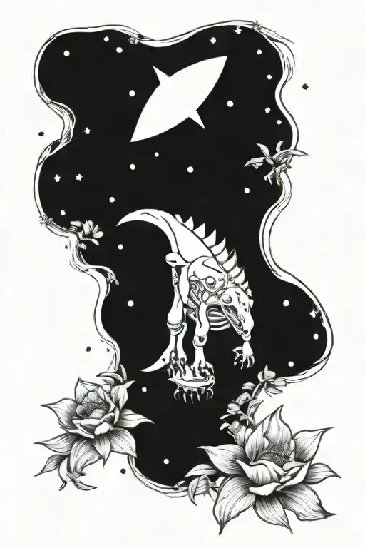 Dinosaur Sleeping On Flowers Under The Stars