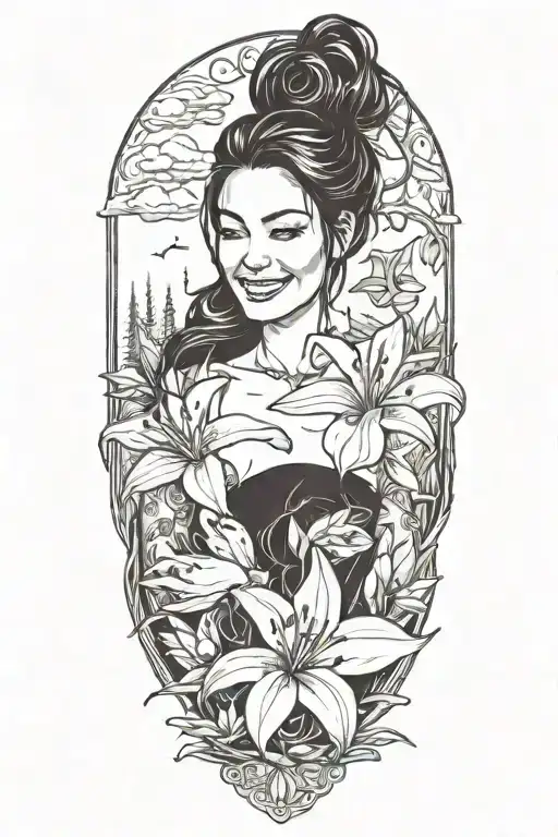 Beautiful Smiling Woman With Dark Hair Interwined With Lily Flowers And A Pine Tree