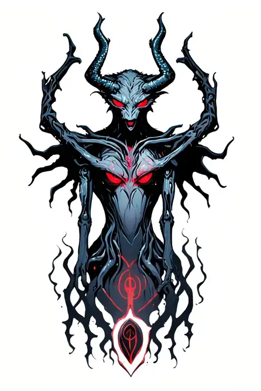 Demon With Red Eyes With Doom Symbols