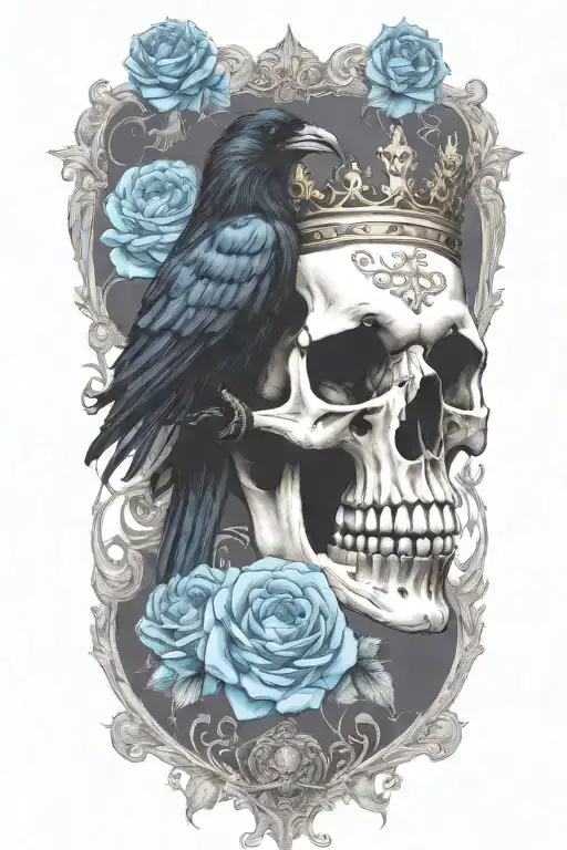 Skull Wearing Crown With Raven On And Blue Roses Intertwined