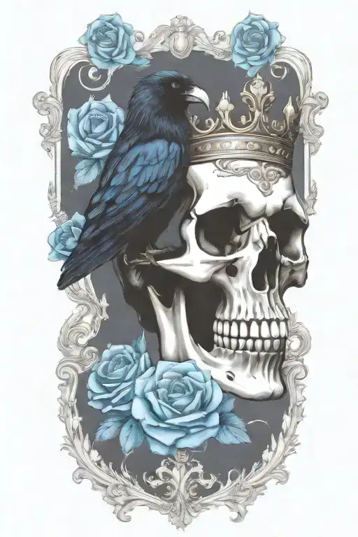 Skull Wearing Crown With Raven On And Blue Roses Intertwined