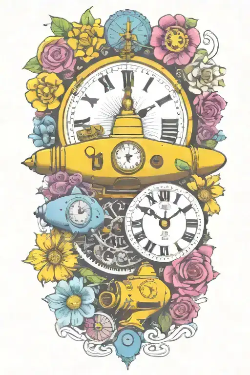 Yellow Submarine With Colorful Flowers And Clock And Rainbow