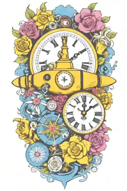 Yellow Submarine With Colorful Flowers And Clock And Rainbow