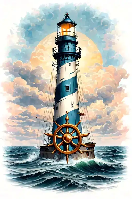 Lighthouse With Ships Wheel