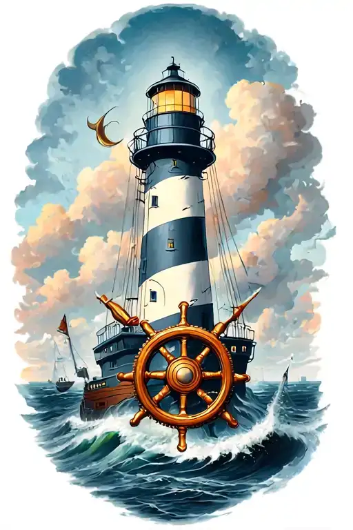 Lighthouse With Ships Wheel