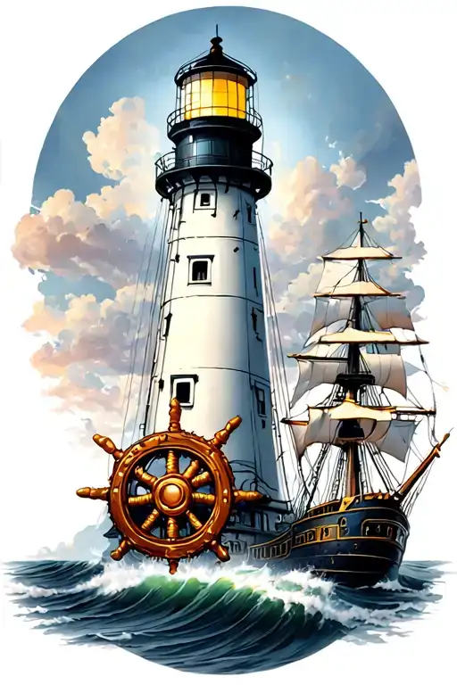Lighthouse With Ships Wheel