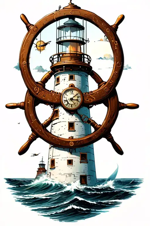 Ships Wheel With Clock Inside On A Lighthouse