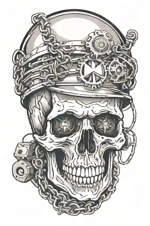 Skull Wearing Muir Cap Surrounded By Chain And Wires