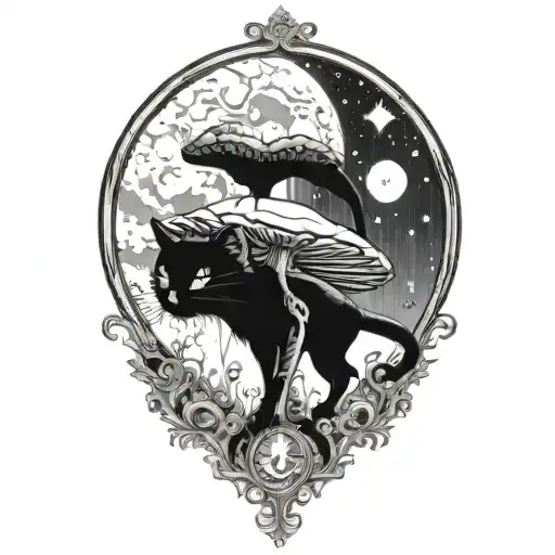 Black Cat And Magic Mushroom With Moon