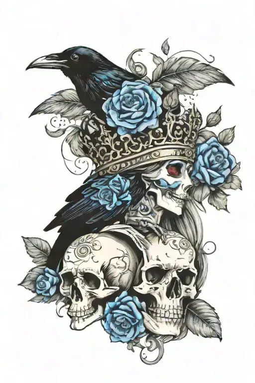 Raven Wearing Crown With Blue Rose And Skull