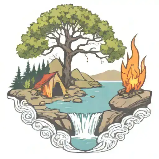 A Rowan Berry Tree And A Campfire Beside A River Waterfalling Down The Front
