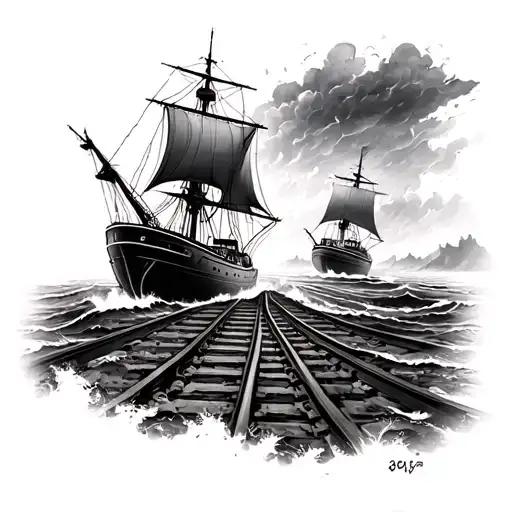 Line Work Tattoo 1800 Traintracks Morphing Into A Stormy Ocean With A Single Mass Sail Boat
