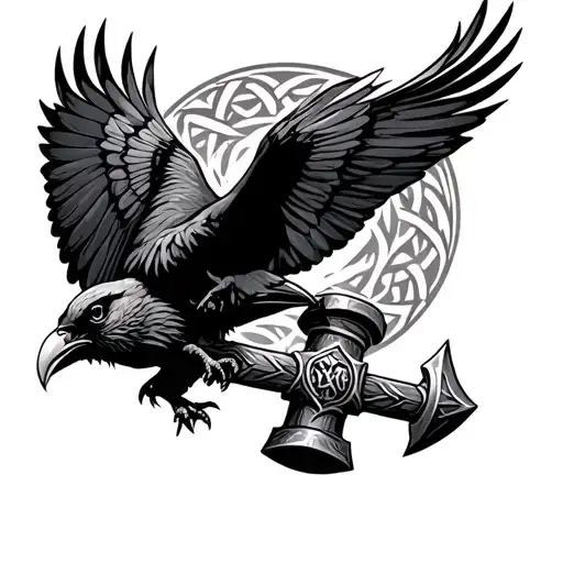 Half Sleeve Of 2 Ravens Flying Over Odins Hammer In Celtic Style Black And White