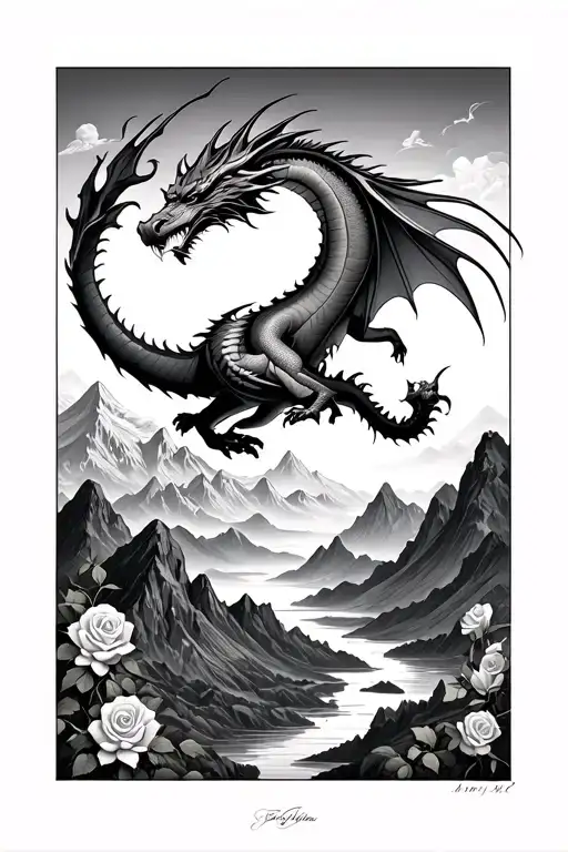 Dragon Flying Over Mountain Landscape With Roses