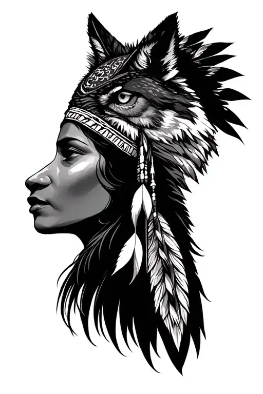 Native American Woman Head With A Wolf And An Owl