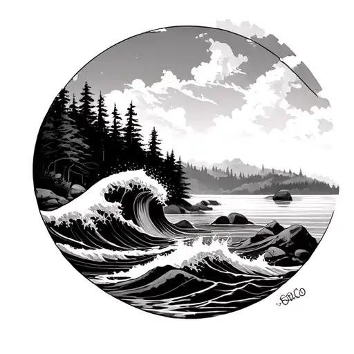 Circle And In The Circle Waves From A Lake Crashing Onto Rocks