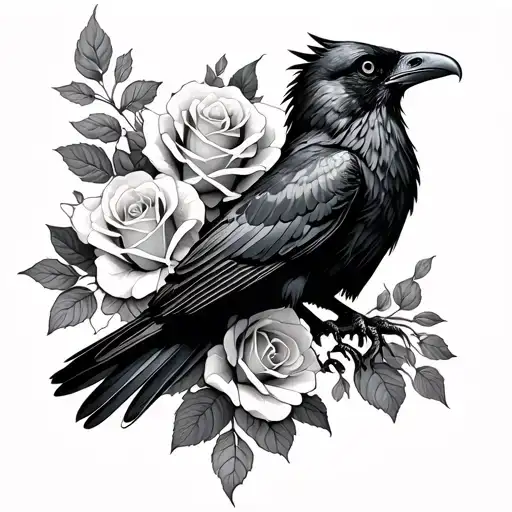 Black Raven Flying Surrounded By Two Wrapped Roses