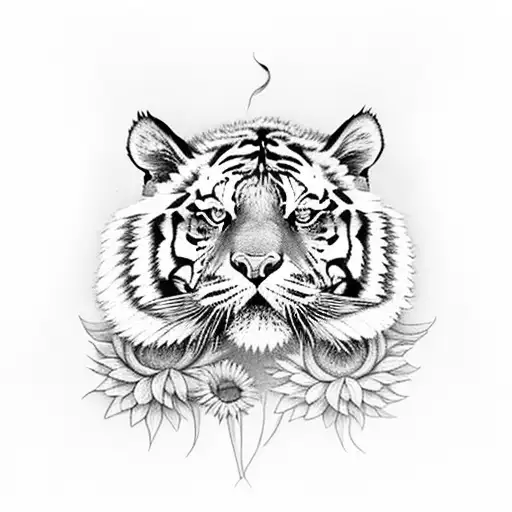 Tiger Whith 3 Sunflowers