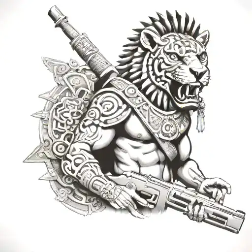 Aztec Jaguar Warrior Holding A Military Rifle With Ancient Aztec Symbols