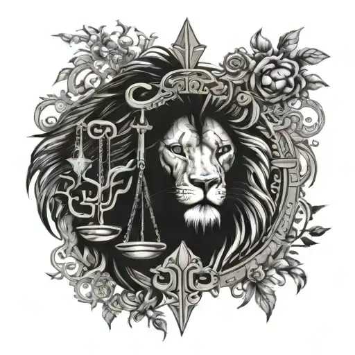 Lion Head And Justice Scales With Life Tree Emerging