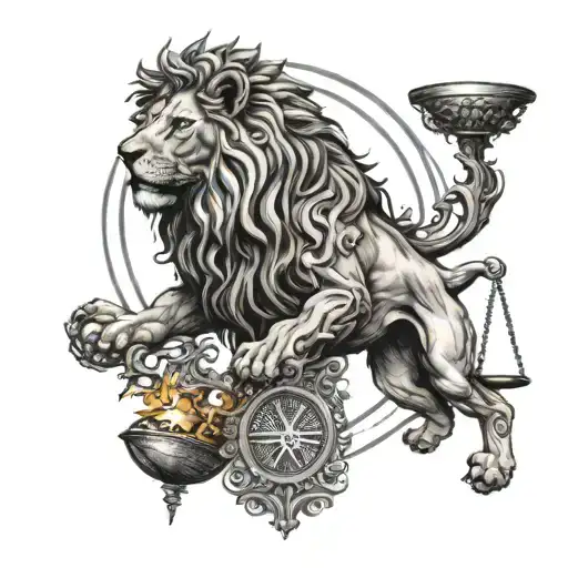 Lion Head And Justice Scales With Life Tree Emerging