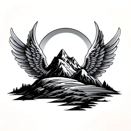 Wings Around A Mountain With Sunrise And Curves