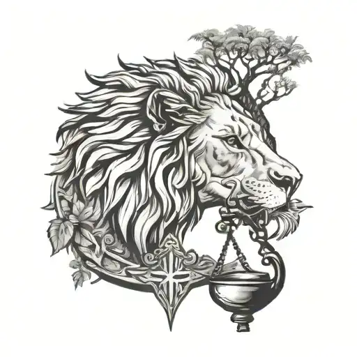 Lion Head And Justice Scales With Life Tree Emerging