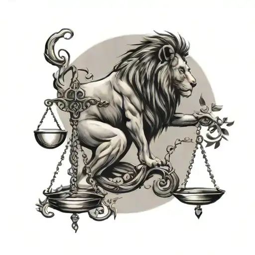 Lion Head And Justice Scales With Life Tree Emerging